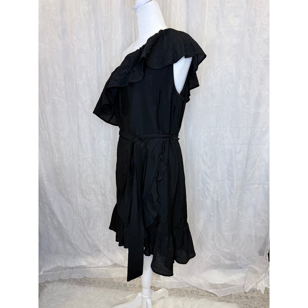 Express Black One Shoulder Ruffle Cocktail Dress Medium Belted Mini LBD Wedding - Picture 2 of 9